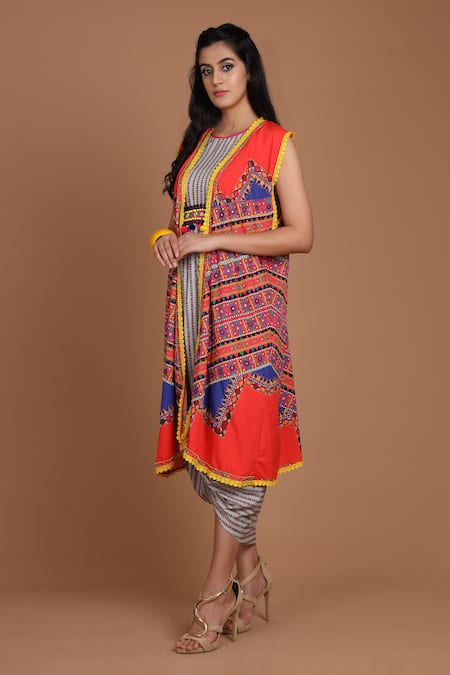 Preeti S Kapoor Printed Draped Dress with Cape 