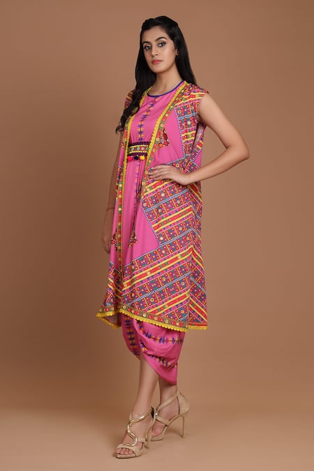 Preeti S Kapoor Printed Draped Dress with Cape 