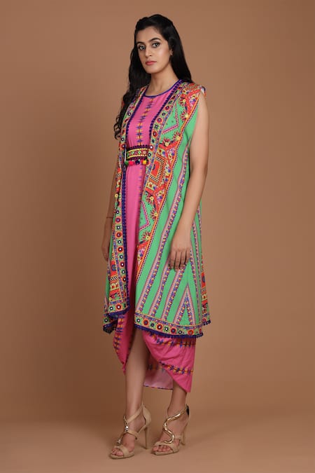 Preeti S Kapoor Printed Draped Dress with Cape 