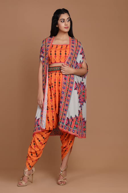 Preeti S Kapoor Orange Crepe Square Neck Embroidered Cape And Dhoti Pant Set