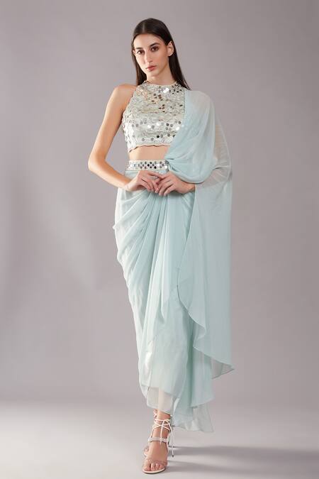 Preeti S Kapoor_Green Georgette, Dupion Mirror, Pearl High Draped Saree With Sleeveless Blouse_Online_at_Aza_Fashions