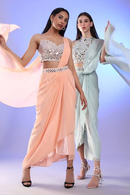 Buy_Preeti S Kapoor_Green Georgette, Dupion Mirror, Pearl High Draped Saree With Sleeveless Blouse_Online_at_Aza_Fashions