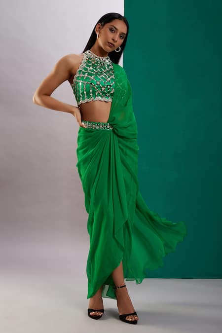 Preeti S Kapoor_Green Georgette, Dupion Mirror, Pearl Round Draped Saree With Scallop Blouse_Online_at_Aza_Fashions