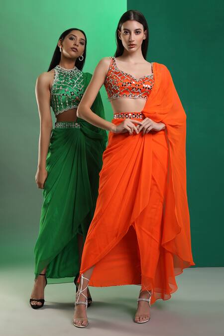 Buy_Preeti S Kapoor_Green Georgette, Dupion Mirror, Pearl Round Draped Saree With Scallop Blouse_Online_at_Aza_Fashions