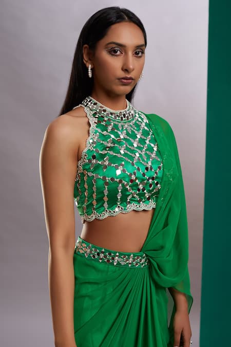 Shop_Preeti S Kapoor_Green Georgette, Dupion Mirror, Pearl Round Draped Saree With Scallop Blouse_Online_at_Aza_Fashions