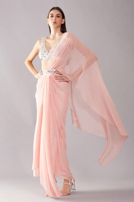 Preeti S Kapoor_Pink Georgette, Dupion Mirror, Pearl V Neck Draped Saree With Work Blouse _Online_at_Aza_Fashions