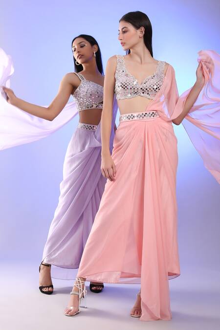 Buy_Preeti S Kapoor_Pink Georgette, Dupion Mirror, Pearl V Neck Draped Saree With Work Blouse _Online_at_Aza_Fashions