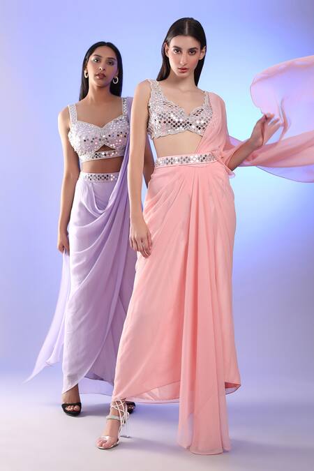 Shop_Preeti S Kapoor_Pink Georgette, Dupion Mirror, Pearl V Neck Draped Saree With Work Blouse _Online_at_Aza_Fashions