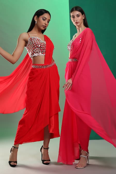 Shop_Preeti S Kapoor_Pink Georgette, Dupion Mirror, Pearl V Neck Draped Saree With Work Blouse _Online_at_Aza_Fashions