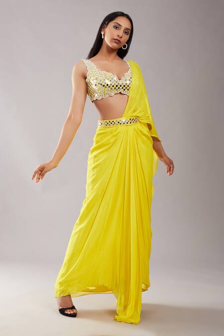 Preeti S Kapoor_Yellow Georgette, Dupion Mirror, Pearl V Draped Saree With Sleeveless Blouse_Online_at_Aza_Fashions