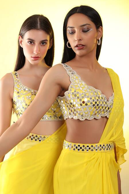 Buy_Preeti S Kapoor_Yellow Georgette, Dupion Mirror, Pearl V Draped Saree With Sleeveless Blouse_Online_at_Aza_Fashions