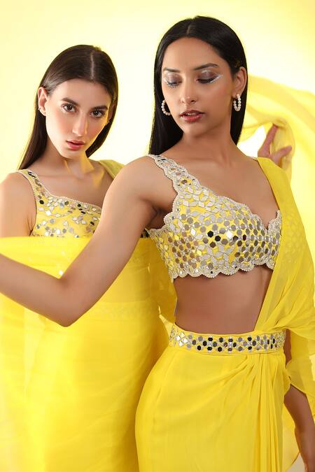 Shop_Preeti S Kapoor_Yellow Georgette, Dupion Mirror, Pearl V Draped Saree With Sleeveless Blouse_Online_at_Aza_Fashions