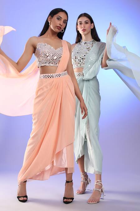 Buy_Preeti S Kapoor_Peach Georgette, Dupion Mirror, Pearl V Neck Draped Saree With Work Blouse_Online_at_Aza_Fashions