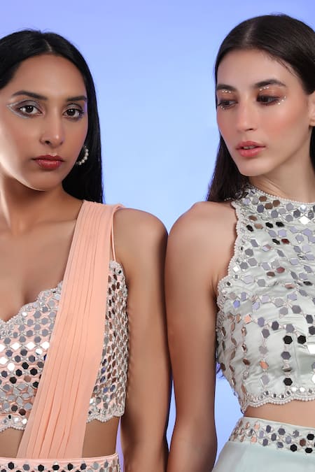 Shop_Preeti S Kapoor_Peach Georgette, Dupion Mirror, Pearl V Neck Draped Saree With Work Blouse_Online_at_Aza_Fashions