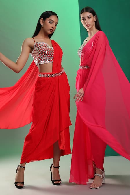 Buy_Preeti S Kapoor_Red Georgette, Dupion Mirror, Pearl V Neck Draped Saree With Scallop Blouse_Online_at_Aza_Fashions
