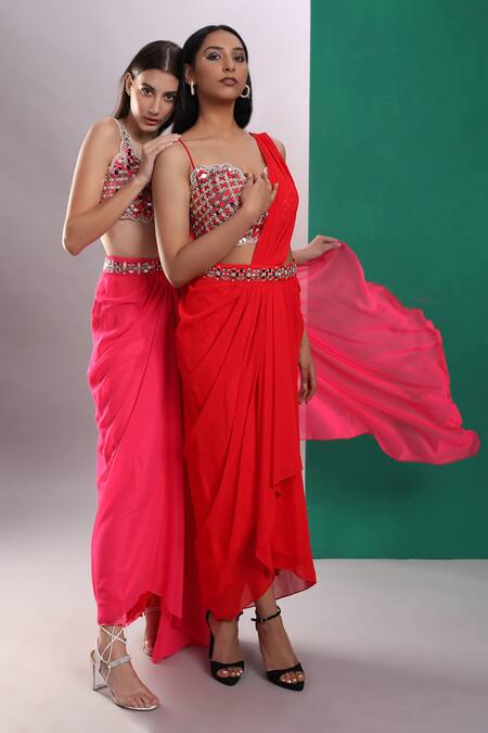 Shop_Preeti S Kapoor_Red Georgette, Dupion Mirror, Pearl V Neck Draped Saree With Scallop Blouse_Online_at_Aza_Fashions