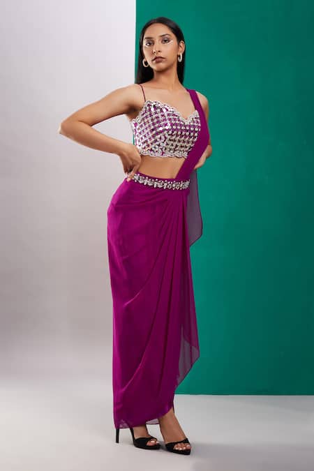 Preeti S Kapoor_Purple Georgette, Dupion Mirror, Pearl V Draped Saree With Sleeveless Blouse_Online_at_Aza_Fashions
