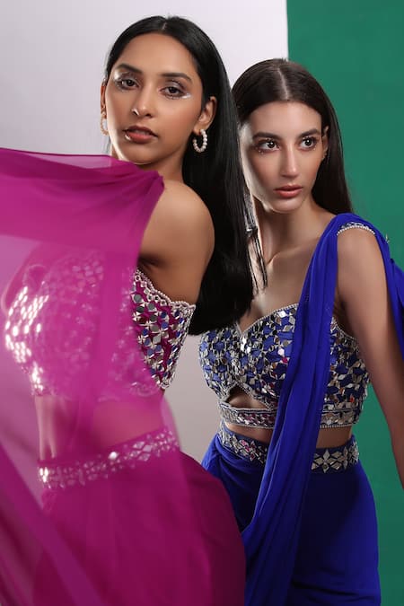 Shop_Preeti S Kapoor_Purple Georgette, Dupion Mirror, Pearl V Draped Saree With Sleeveless Blouse_Online_at_Aza_Fashions