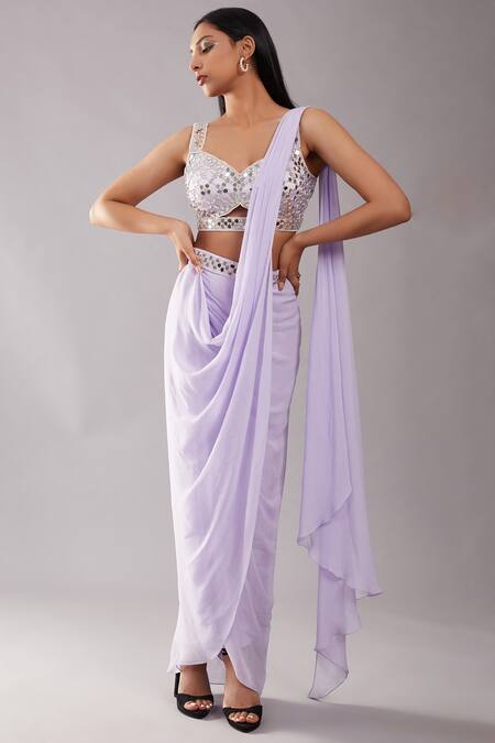 Preeti S Kapoor Purple Georgette, Dupion Mirror, Pearl Sweetheart Draped Saree With Work Blouse Online at Aza Fashions Preeti S Kapoor_Purple Georgette, Dupion Mirror, Pearl Sweetheart Draped Saree With Work Blouse_Online_at_Aza_Fashions