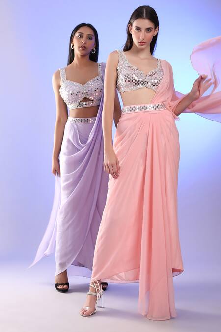 Buy_Preeti S Kapoor_Purple Georgette, Dupion Mirror, Pearl Sweetheart Draped Saree With Work Blouse_Online_at_Aza_Fashions