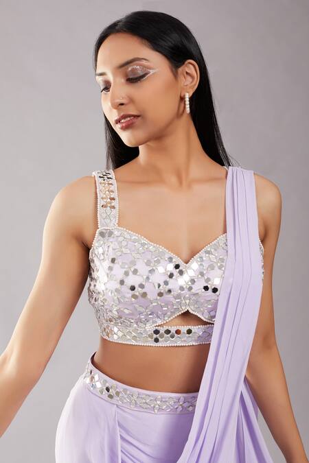Shop Preeti S Kapoor Purple Georgette, Dupion Mirror, Pearl Sweetheart Draped Saree With Work Blouse Online at Aza Fashions Shop_Preeti S Kapoor_Purple Georgette, Dupion Mirror, Pearl Sweetheart Draped Saree With Work Blouse_Online_at_Aza_Fashions