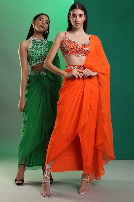 Preeti S Kapoor_Orange Georgette, Dupion Mirror, Pearl Leaf Neck Draped Saree With Work Blouse_Online_at_Aza_Fashions