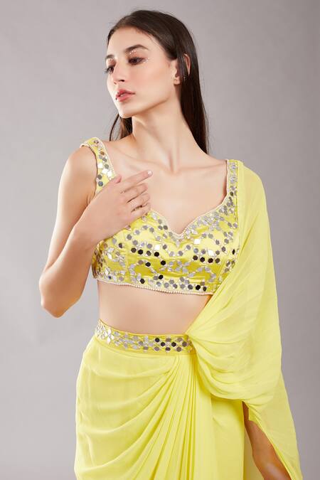 Buy_Preeti S Kapoor_Yellow Georgette, Dupion Mirror, Pearl Leaf Neck Draped Saree With Work Blouse_Online_at_Aza_Fashions