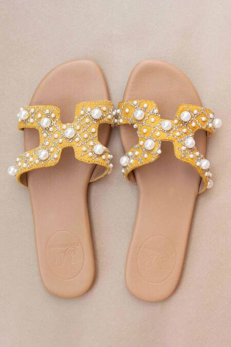 PHENOMINAAL Yellow Hand Embroidered Flat Sandals Online at Aza Fashions PHENOMINAAL_Yellow Hand Embroidered Flat Sandals _Online_at_Aza_Fashions