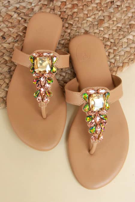 Shop PHENOMINAAL Brown Hand Embroidered T-strap Sandals at Aza Fashions Shop_PHENOMINAAL_Brown Hand Embroidered T-strap Sandals _at_Aza_Fashions