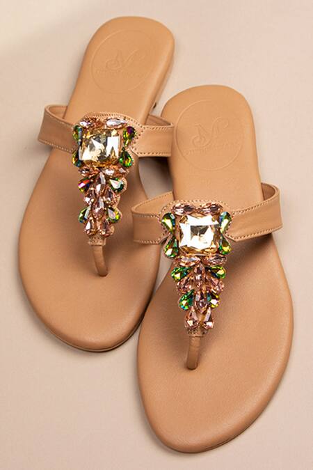 PHENOMINAAL Brown Hand Embroidered T-strap Sandals Online at Aza Fashions PHENOMINAAL_Brown Hand Embroidered T-strap Sandals _Online_at_Aza_Fashions