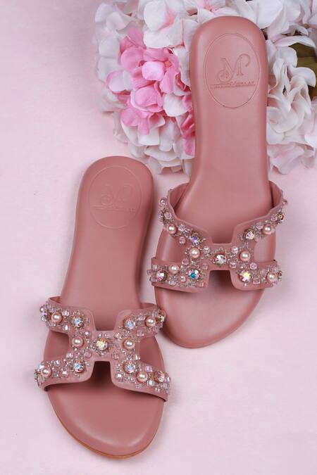 Shop_PHENOMINAAL_Pink Embroidered Rose Flat Sandals _Online_at_Aza_Fashions