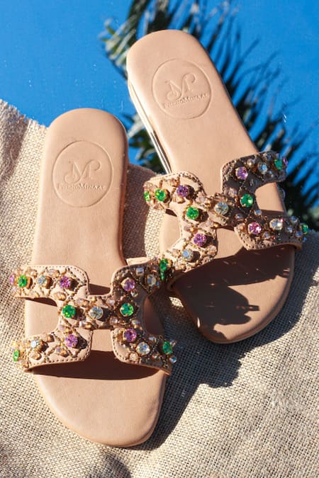 PHENOMINAAL Hand Embroidered Beige Flat Sandals 