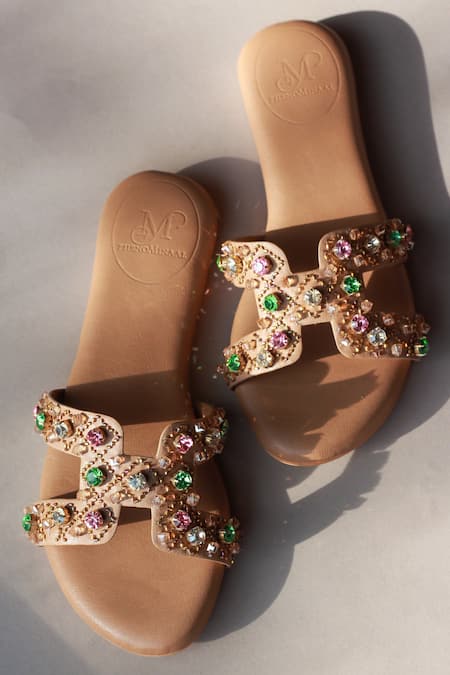 PHENOMINAAL Hand Embroidered Beige Flat Sandals 