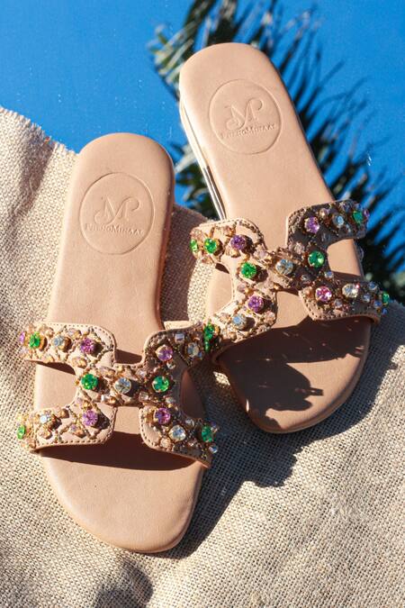 PHENOMINAAL_Beige Hand Embroidered Flat Sandals _Online_at_Aza_Fashions
