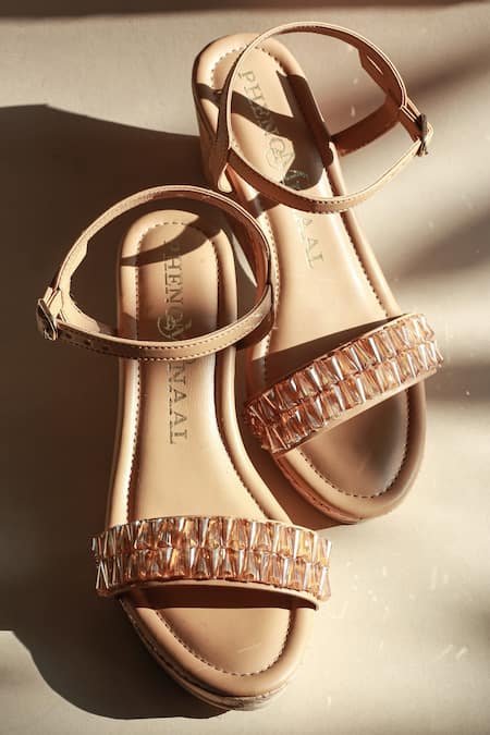 PHENOMINAAL Beige Embellished Cork Wedge Heels 