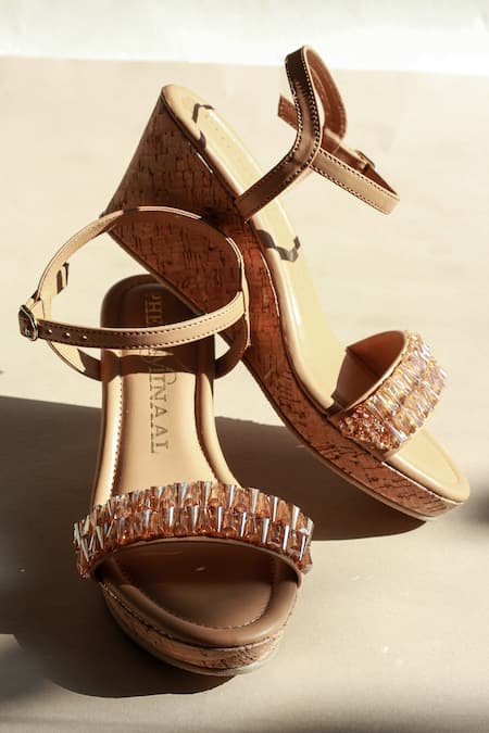 PHENOMINAAL Beige Embellished Cork Wedge Heels 