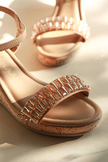 Buy_PHENOMINAAL_Beige Embellishments Cork Wedge Heels _Online_at_Aza_Fashions