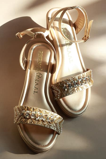 Buy Gold Hand Embroidered Celine Wedge Heels by Phenominaal Online