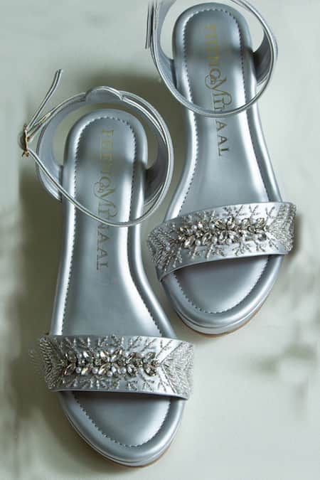 PHENOMINAAL Silver Hand Embroidered Wedge Heels 