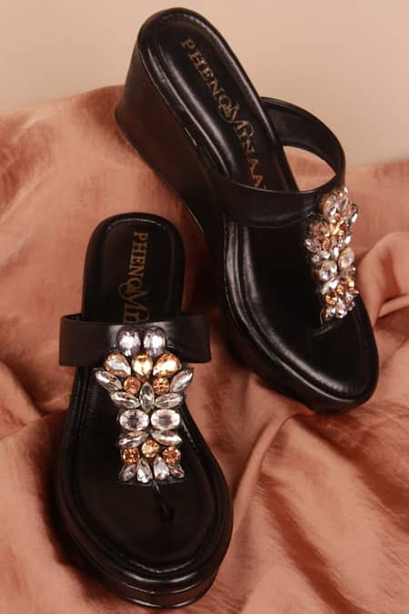 PHENOMINAAL Black Hand Embroidered Wedge Heels 