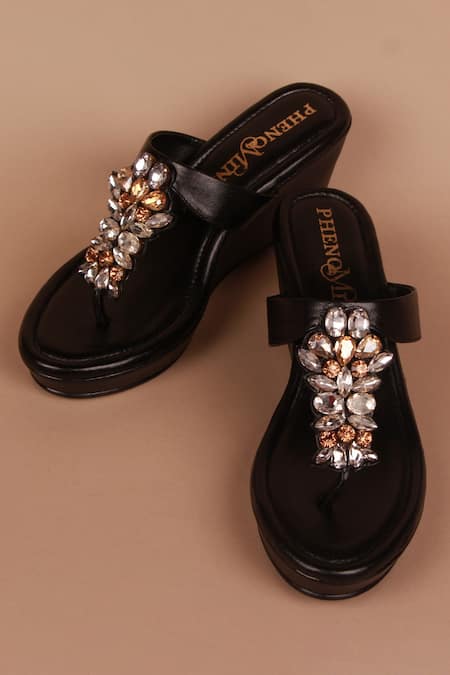 PHENOMINAAL Black Hand Embroidered Wedge Heels 