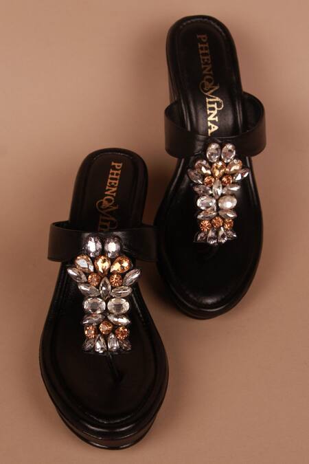 Buy_PHENOMINAAL_Black Hand Embroidered Wedge Heels _Online_at_Aza_Fashions