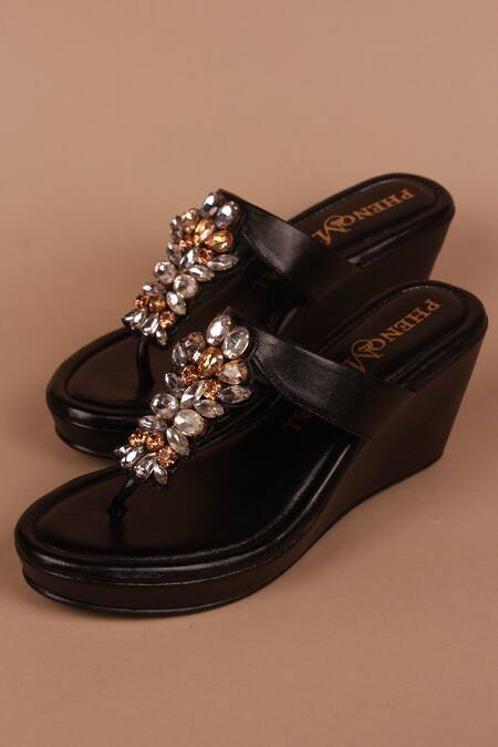 Shop_PHENOMINAAL_Black Hand Embroidered Wedge Heels _Online_at_Aza_Fashions