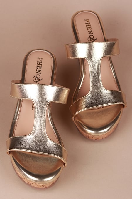 PHENOMINAAL Gold Cut-Out Strap Wedge Heels 