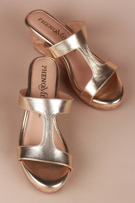 PHENOMINAAL_Gold Solid Cut-out Strap Wedge Heels _Online_at_Aza_Fashions