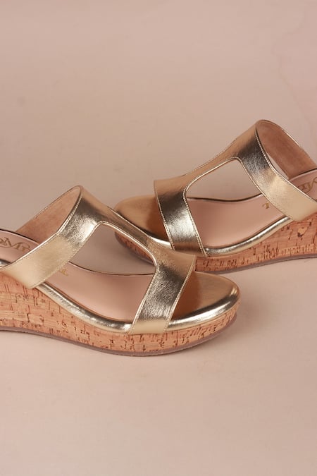 Buy_PHENOMINAAL_Gold Solid Cut-out Strap Wedge Heels _Online_at_Aza_Fashions