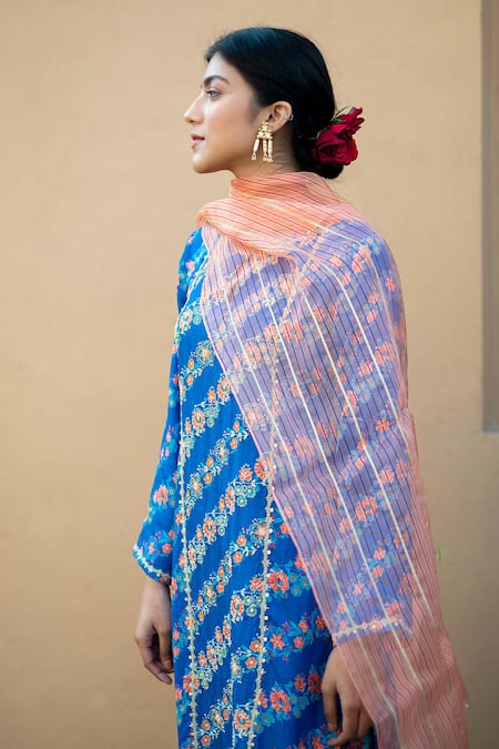 Shop Pita Nila Blue Cotton Satin, Organza Round Printed Kurta Set at Aza Fashions Shop_Pita Nila_Blue Cotton Satin, Organza Round Printed Kurta Set _at_Aza_Fashions