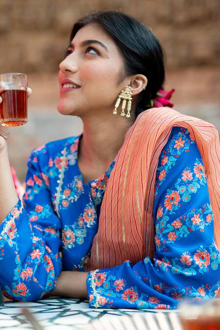 Pita Nila Blue Cotton Satin, Organza Round Printed Kurta Set Online at Aza Fashions Pita Nila_Blue Cotton Satin, Organza Round Printed Kurta Set _Online_at_Aza_Fashions