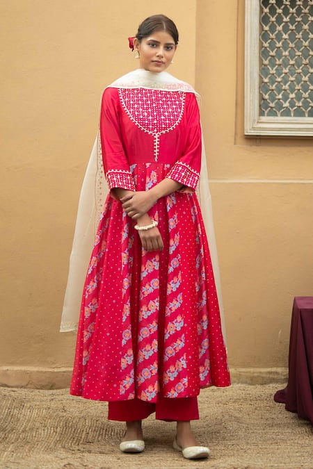 Pita Nila Red Chanderi, Silk Organza Round Anarkali Set 