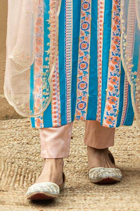 Shop Pita Nila Blue Cotton Satin, Mulmul, Organza Round Printed Kurta Set at Aza Fashions Shop_Pita Nila_Blue Cotton Satin, Mulmul, Organza Round Printed Kurta Set _at_Aza_Fashions